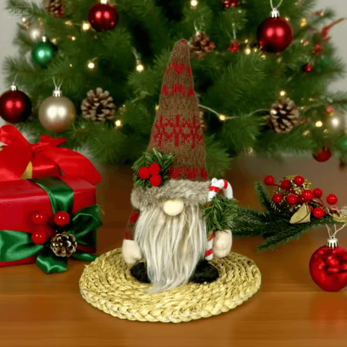 Nordic Christmas Gnome Plush with Knitted Hat & Pine Branch - Rudolph Holiday Figurine Decor
