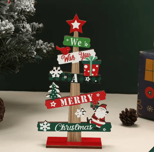 Rustic Wooden Christmas Tree Ornament – Santa & Snowman Merry Christmas Table Decor