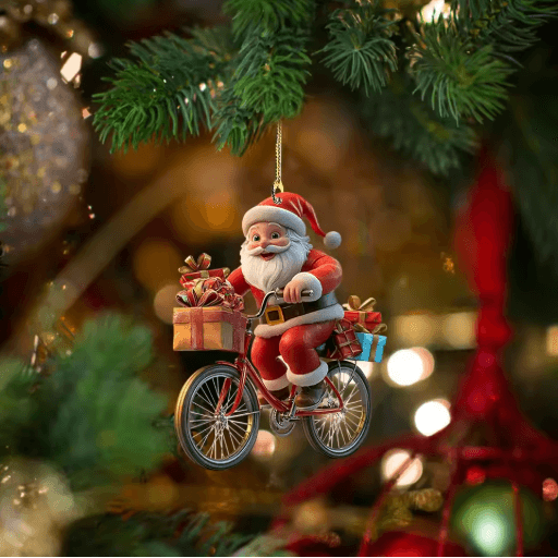 Santa Bicycle Acrylic Christmas Ornament Cartoon Holiday Tree Hanging Pendant