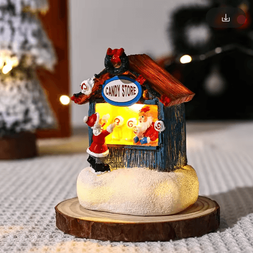 Festive LED Christmas Village Decoration – Santa Claus House Resin Desktop Ornament