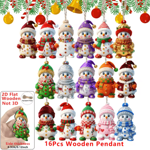 16-Piece Snowman Christmas Ornaments – Cute Wooden Tree Hanging Decorations