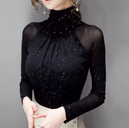 Korean Style High Neck Mesh Top for Women Elegant Sheer Long Sleeve Blouse