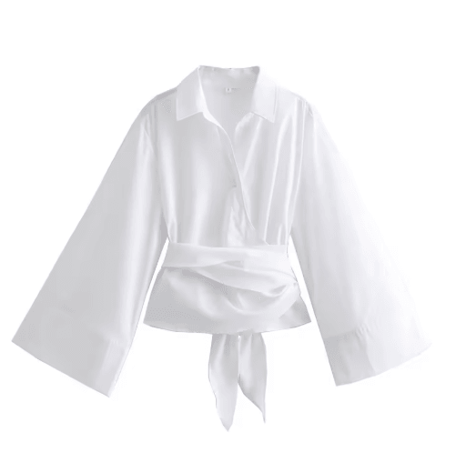Womens Double Breasted Poplin Shirt with Bow Tie Casual Polo Neck Blouse