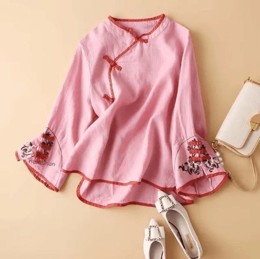 Womens Chinese Style Embroidered V Neck Blouse Loose Fit Artistic Spring Top