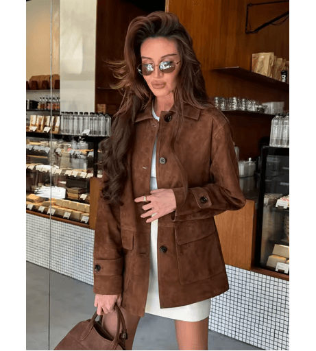 Womens Dark Brown Suede Coat – Single Breasted High Street Autumn Jacket