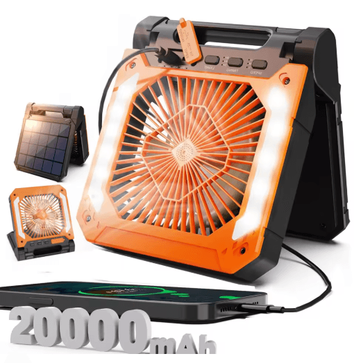 20000mAh Portable Camping Fan with LED Light – Solar & USB Rechargeable Outdoor Cooling Fan