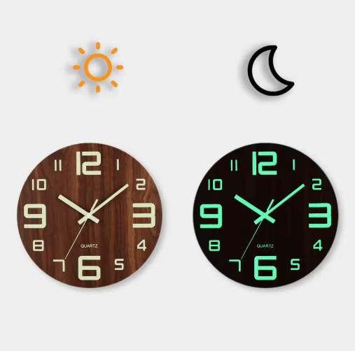 12-Inch Luminous Wooden Wall Clock Silent Non Ticking Nordic Glow in the Dark Design