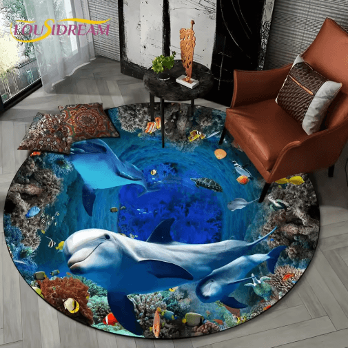 3D Ocean Dolphin Area Rug - Non-Slip Underwater Illusion Round Carpet