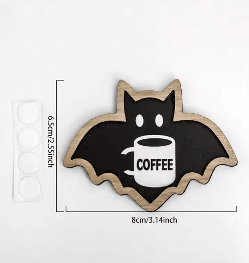Cute Wooden Halloween Bat Decor - Coffee-Themed Hanging Stickers for Home & Kitchen