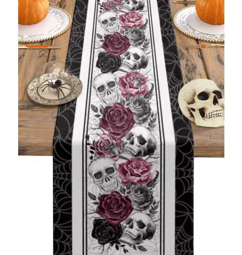 Halloween Skull Rose Linen Table Runner - Gothic Crow & Floral Party Table Decor