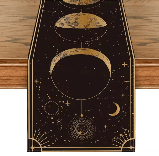 Astrology Moon Phase Linen Table Runner - Mystical Gothic Celestial Dining Decor
