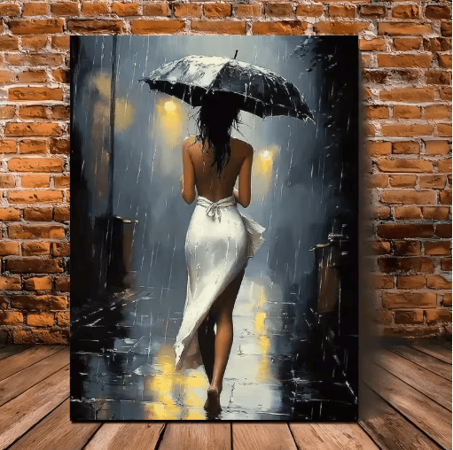 Elegant Romantic Rainy Night Canvas Wall Art Framed Umbrella Street Scene Decor