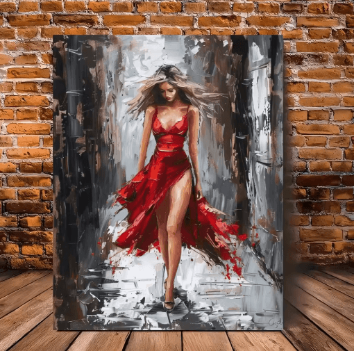 Elegant Woman in Red Dress Framed Canvas Oil Painting Vibran | Inspire ...