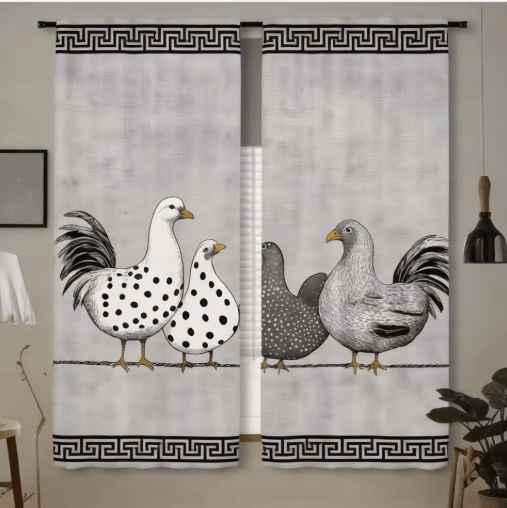 2-Piece Cafe Curtains Kitchen Window Retro Polka Dot Chicken Print Panel
