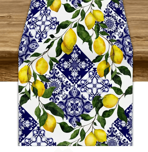 Blue Tile Lemon Table Runner Floral Linen Decor for Summer Dining & Parties