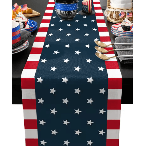 Patriotic 4th of July Table Runner – Linen Farmhouse Independence Day Decor