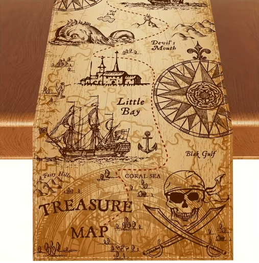 Adventure Pirate Treasure Table Runner โ Linen Map-Inspired Decor for Parties & Home