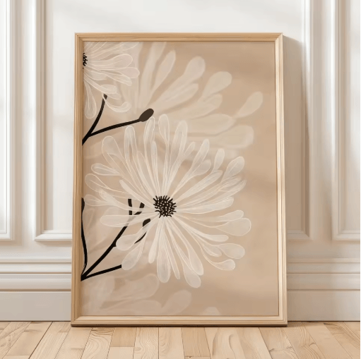 Retro Beige Floral Line Wall Art Minimalist Neutral Canvas Print Frameless