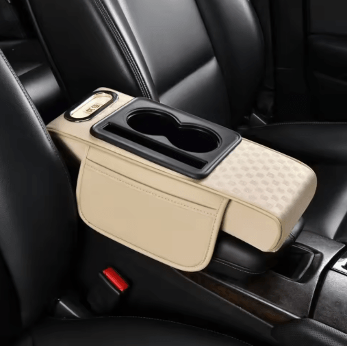 Universal PU Leather Car Armrest Cushion with Cup Holder & Tissue Storage