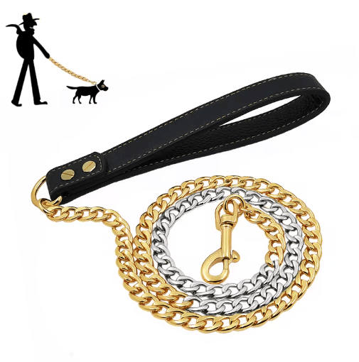 Gold Stainless Steel Dog Leash Chain Heavy Duty Metal Pet Lead for Small Medium & Large Dogs