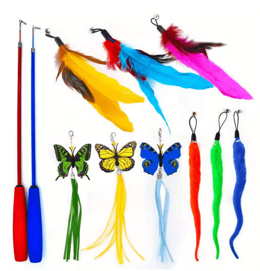 11-Pack Interactive Cat Wand Toy Set Feather & Bell Teaser Toys for Cats and Kittens