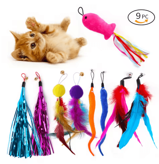 9-Pack Feather Replacement Cat Toy Set Feather Cat Toy Refills for Interactive Wand & Fishing Rod Toys