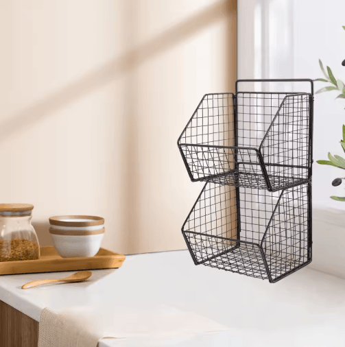 Wall Mounted Double-Layer Metal Storage Basket – Carbon Steel Kitchen & Vegetable Organizer Rack