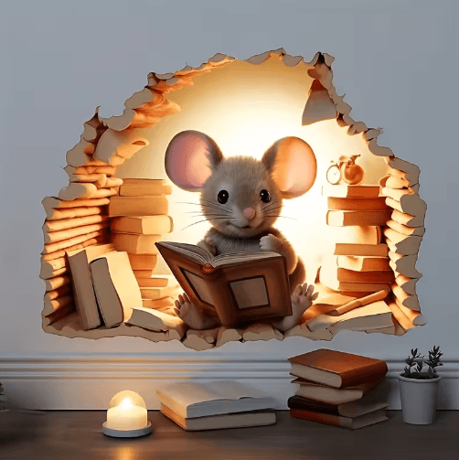 3D Reading Mouse Wall Sticker – Cute Removable Vinyl Animal Decal