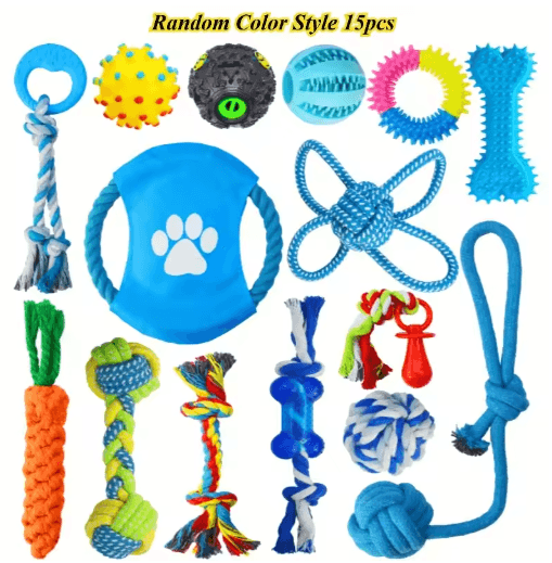 15Pcs Durable Dog Chew Toy Set – Rope Tug Toys, Chew Sticks & Rubber Balls