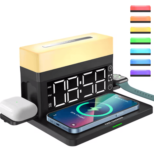 6-in-1 Digital Alarm Clock – 15W Wireless Charging Station & Night Light