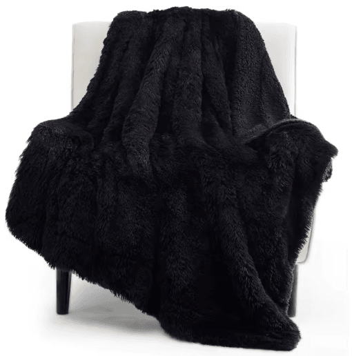 Fluffy Black Faux Fur Throw Blanket – Thick Sherpa Fleece Couch & Bed Cover