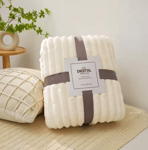 Ultra-Soft Faux Rabbit Fur Blanket – Fluffy Striped Sofa & Couch Throw