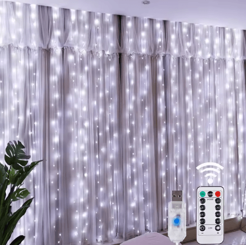 LED Christmas Curtain Lights – 8-Mode USB Fairy String Lights with Remote