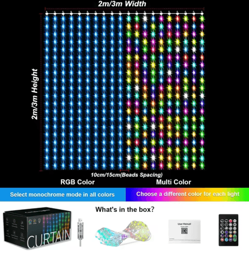 400–800 LED RGB Smart Curtain Lights – Music Sync App & Remote Party Lights