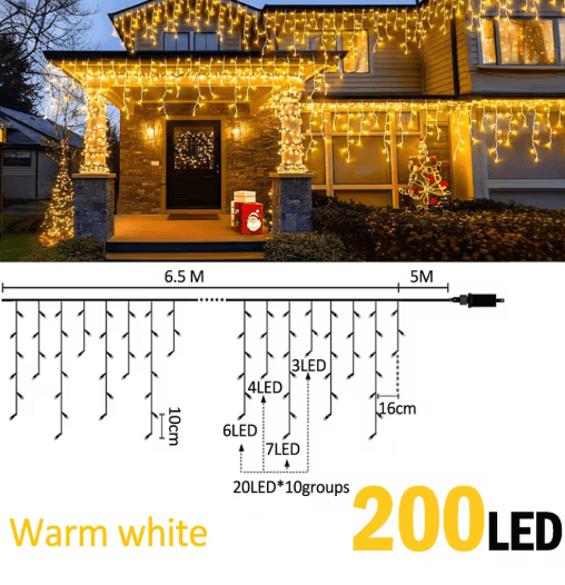 200/480 LED Icicle String Lights – 8-Mode Waterproof Christmas Curtain Lights