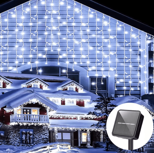Solar LED Icicle Curtain Lights – 8-Mode Outdoor Christmas Fairy Lights
