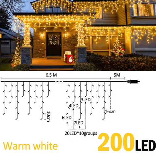 200/480 LED Icicle String Lights – 40-Drop Waterproof Christmas Curtain
