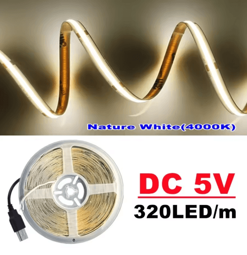 DC5V COB LED Strip – USB-Powered 320 LED/m High-Density Flexible Lighting