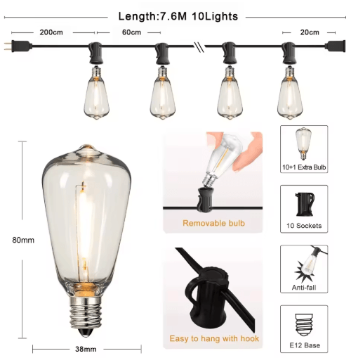 ST38 Outdoor String Lights – Connectable Dimmable Shatterproof LED Garland
