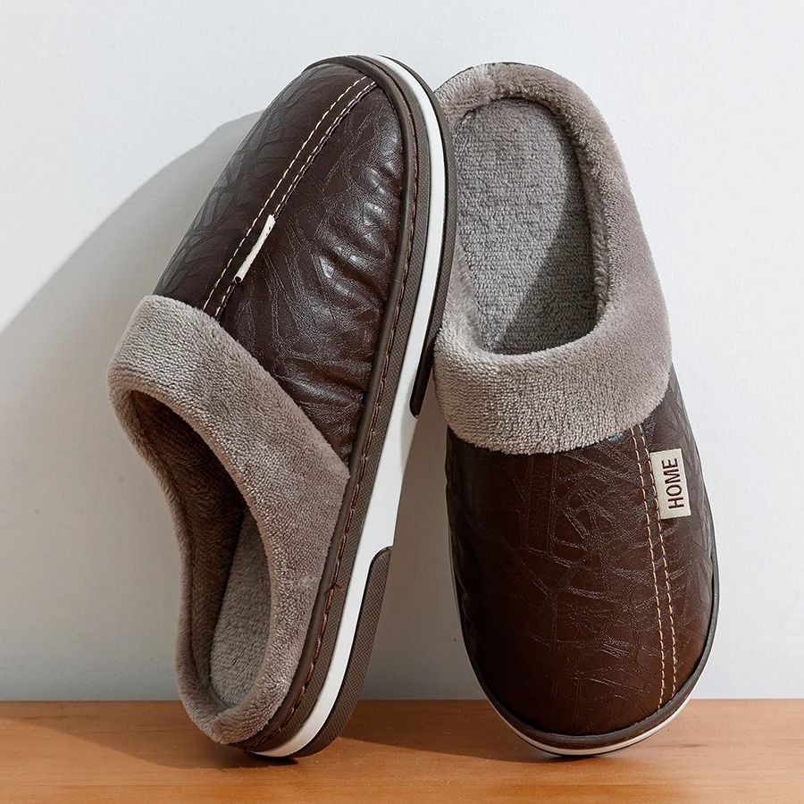 Big Size Mens Winter Indoor Slippers Waterproof PU Leather Warm House Shoes
