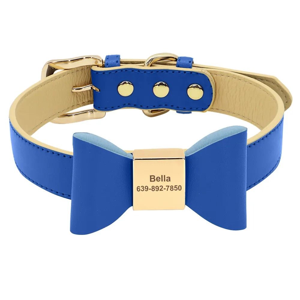 Personalized PU Leather Dog Collar with Engraved Name and Cute Bow for Small Medium and Large Dogs