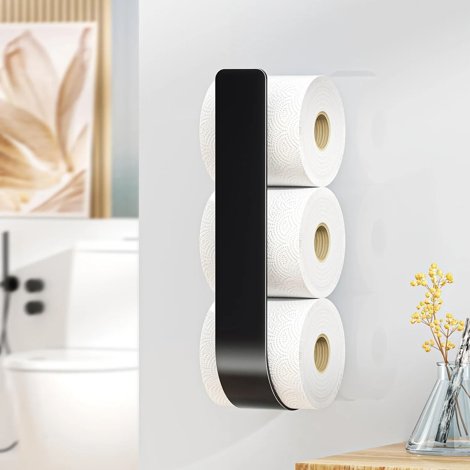 3 in 1 Wall Mounted Toilet Paper Holder with Towel Rack and Hooks Black Metal Bathroom Organizer