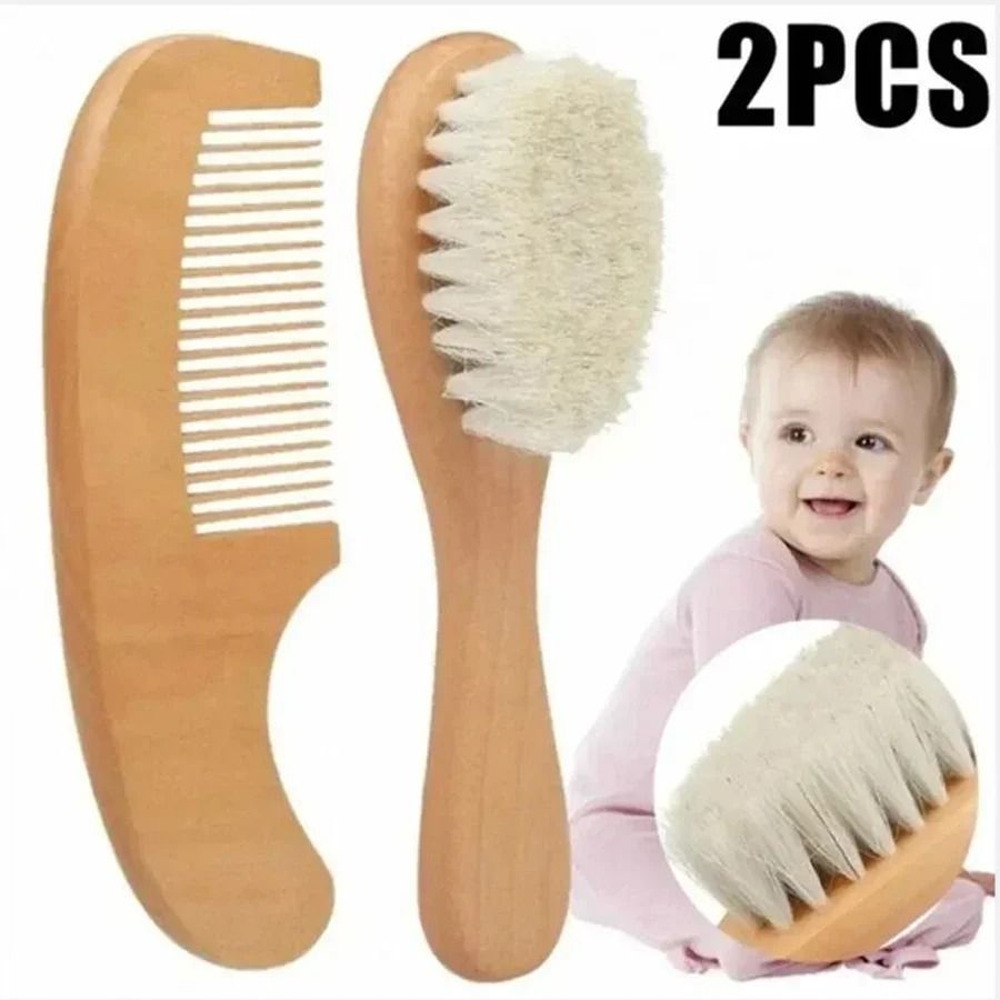 Baby Hair Brush and Comb Set Soft Wool Beech Wood Newborn Grooming Kit