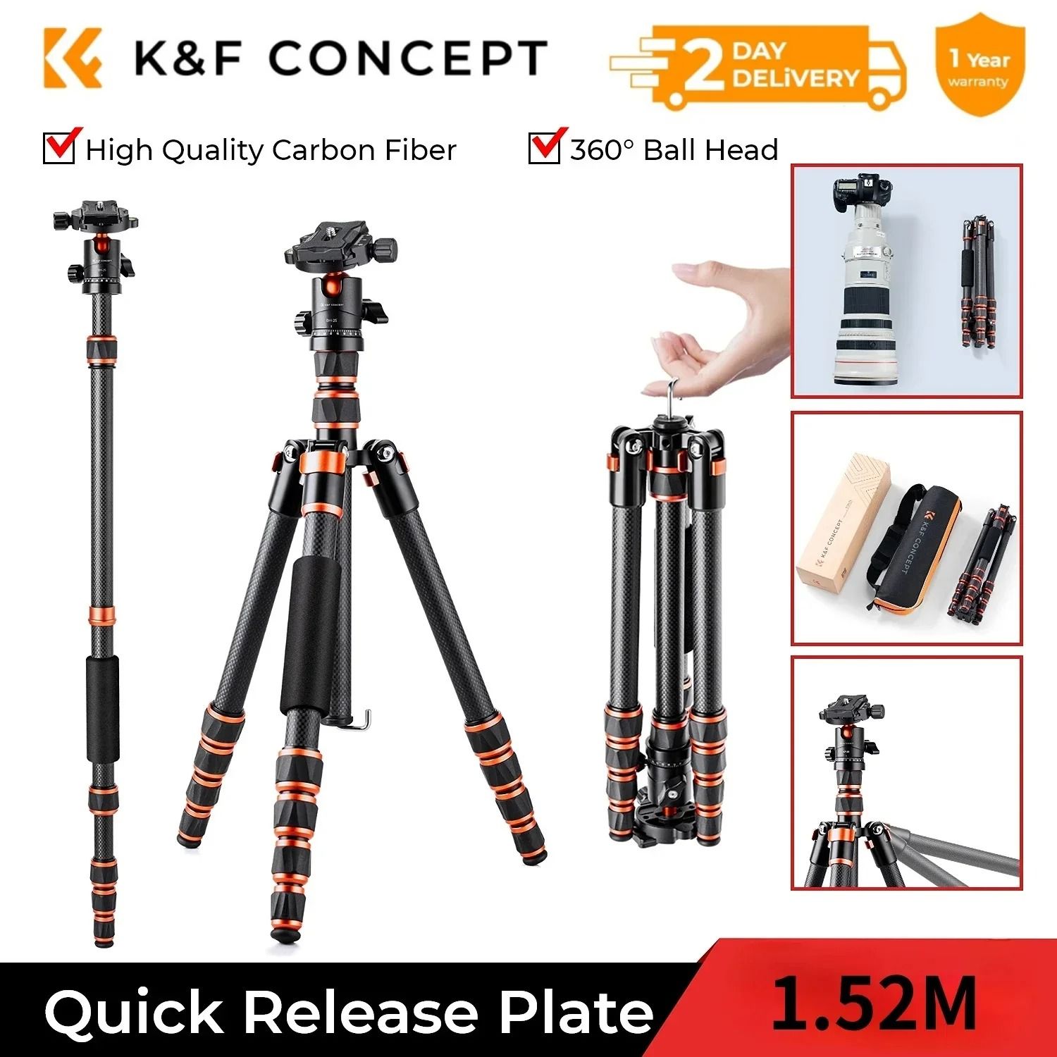 K and F Concept Carbon Fiber Travel Camera Tripod 60 Inch with 360 Ball Head