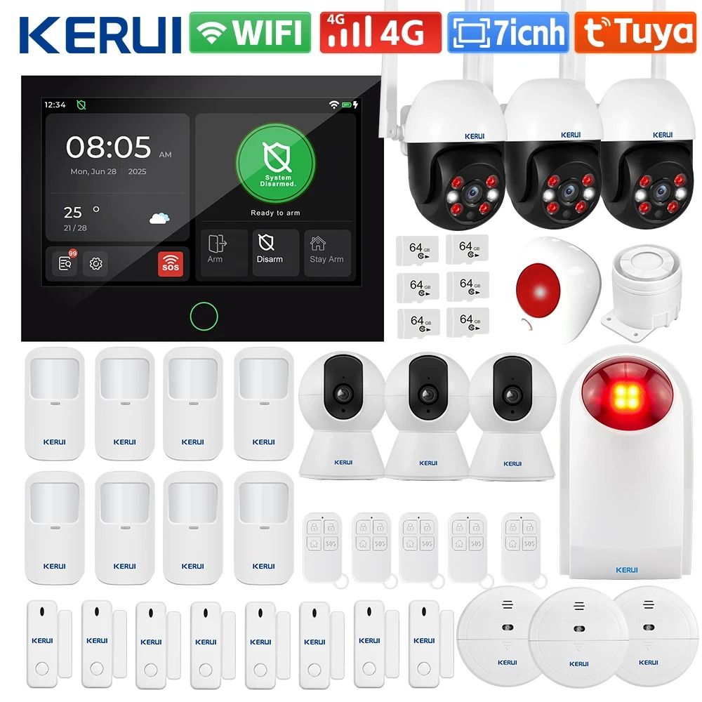 KERUI Tuya 4G WiFi Home Alarm System Wireless Security Kit with 7 Inch Touch Screen Panel
