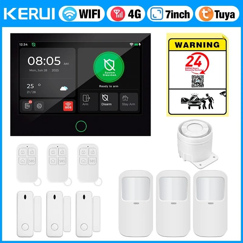 KERUI 4G WiFi Home Alarm System Tuya Smart Wireless Security Kit with 7 Inch Touch Screen