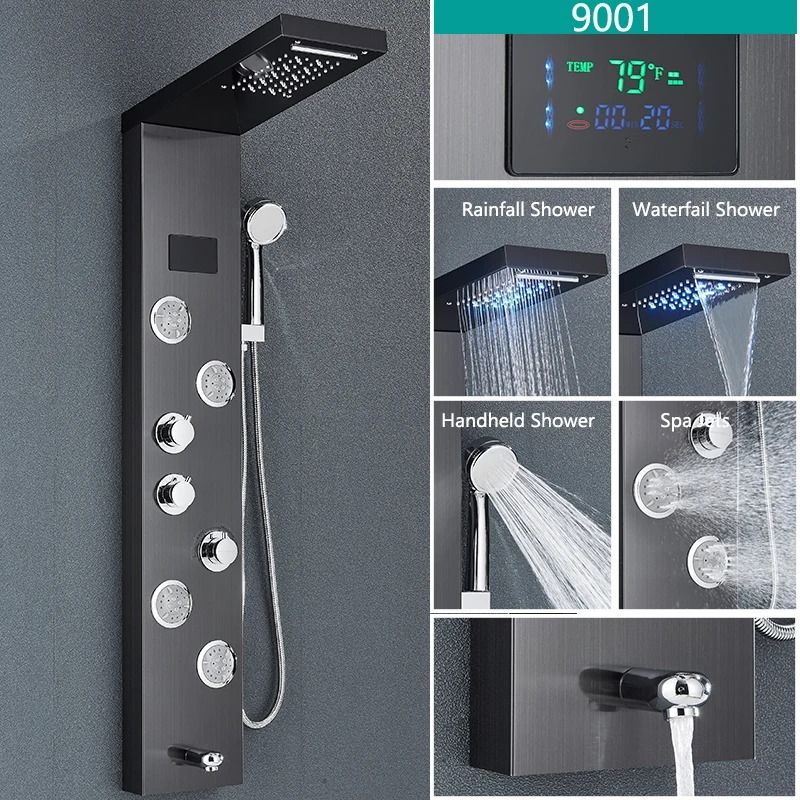 LED shower panel system Rainfall Bathroom Shower Faucet Set with temperature display and Massage Spray Mixer Tap