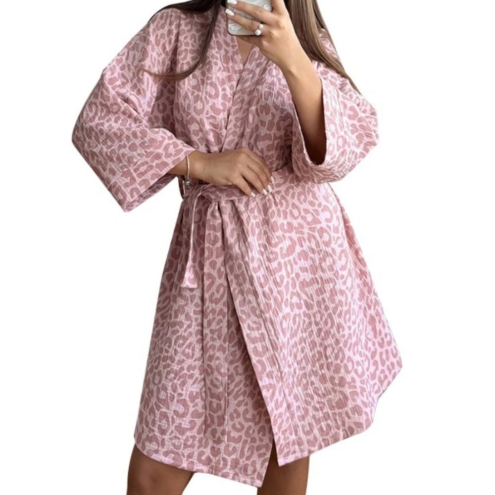 Muzuleva 100 Percent Cotton Pink Leopard Print Robe Pajama Nightgown