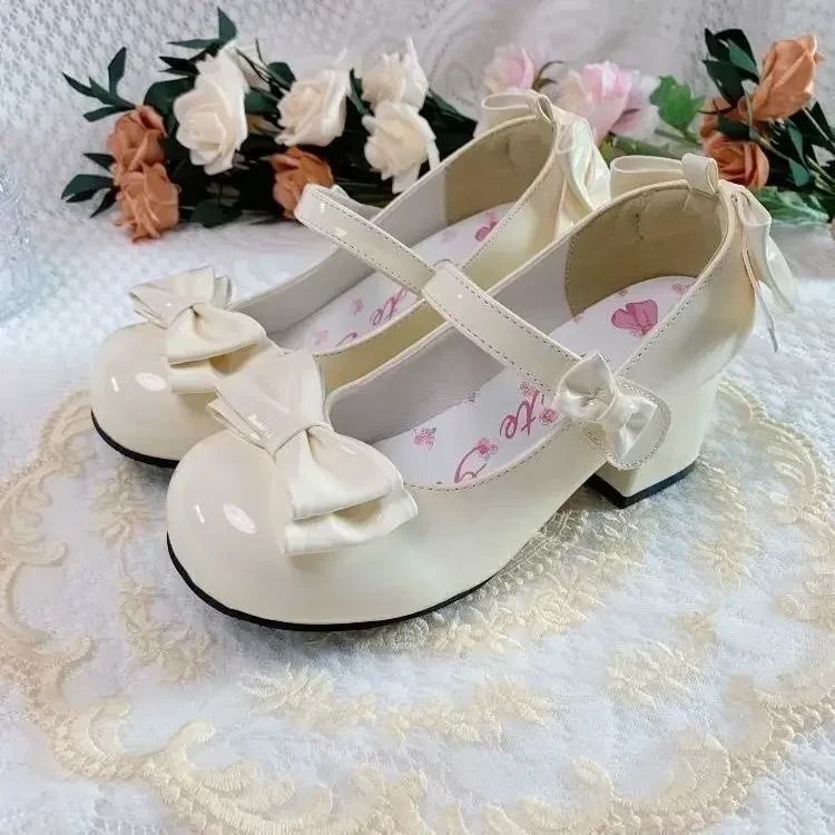 Lolita Mary Jane Bow Round Toe Midi Heel Pumps for Women