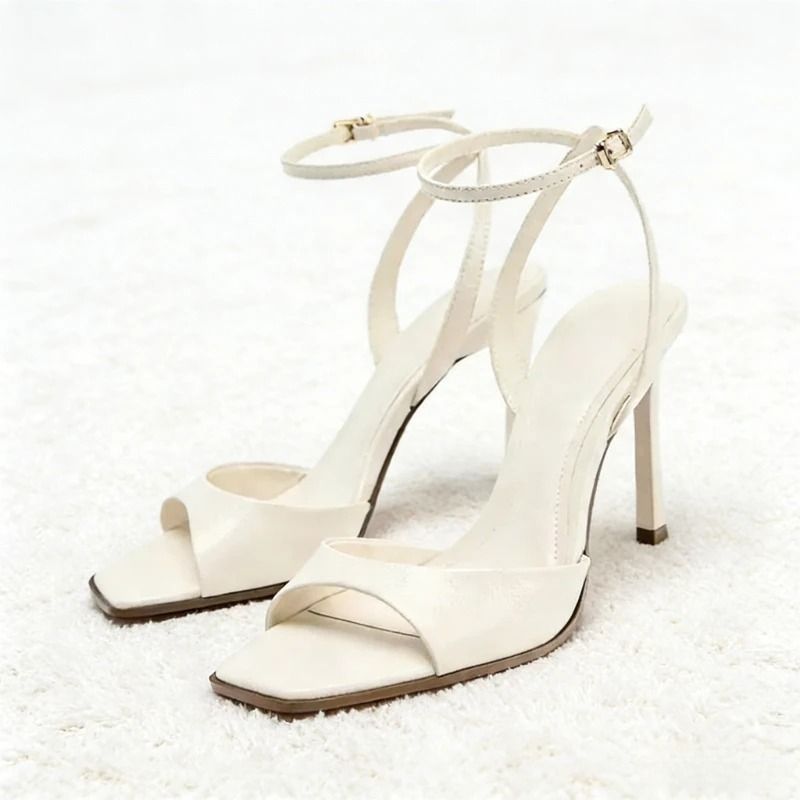 Gold Patent Leather Square Toe Ankle Buckle High Heel Sandals for Women